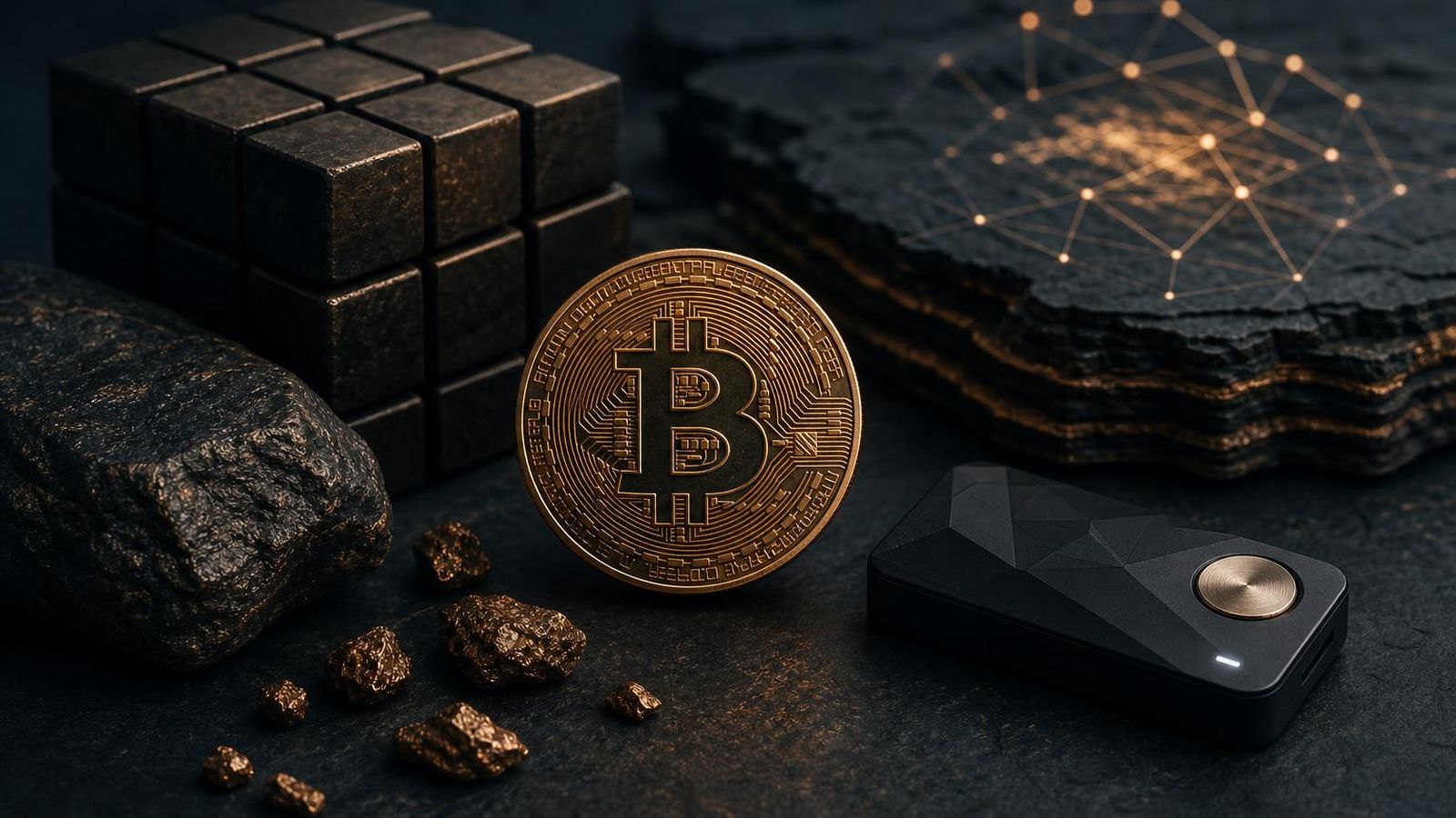 A cold storage device on a dark desk representing Bitcoin as a long-term settlement and reserve asset