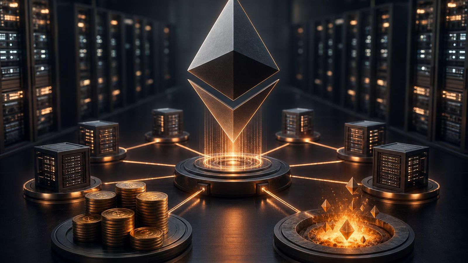 A validator data centre representing Ethereum as a programmable settlement and staking layer